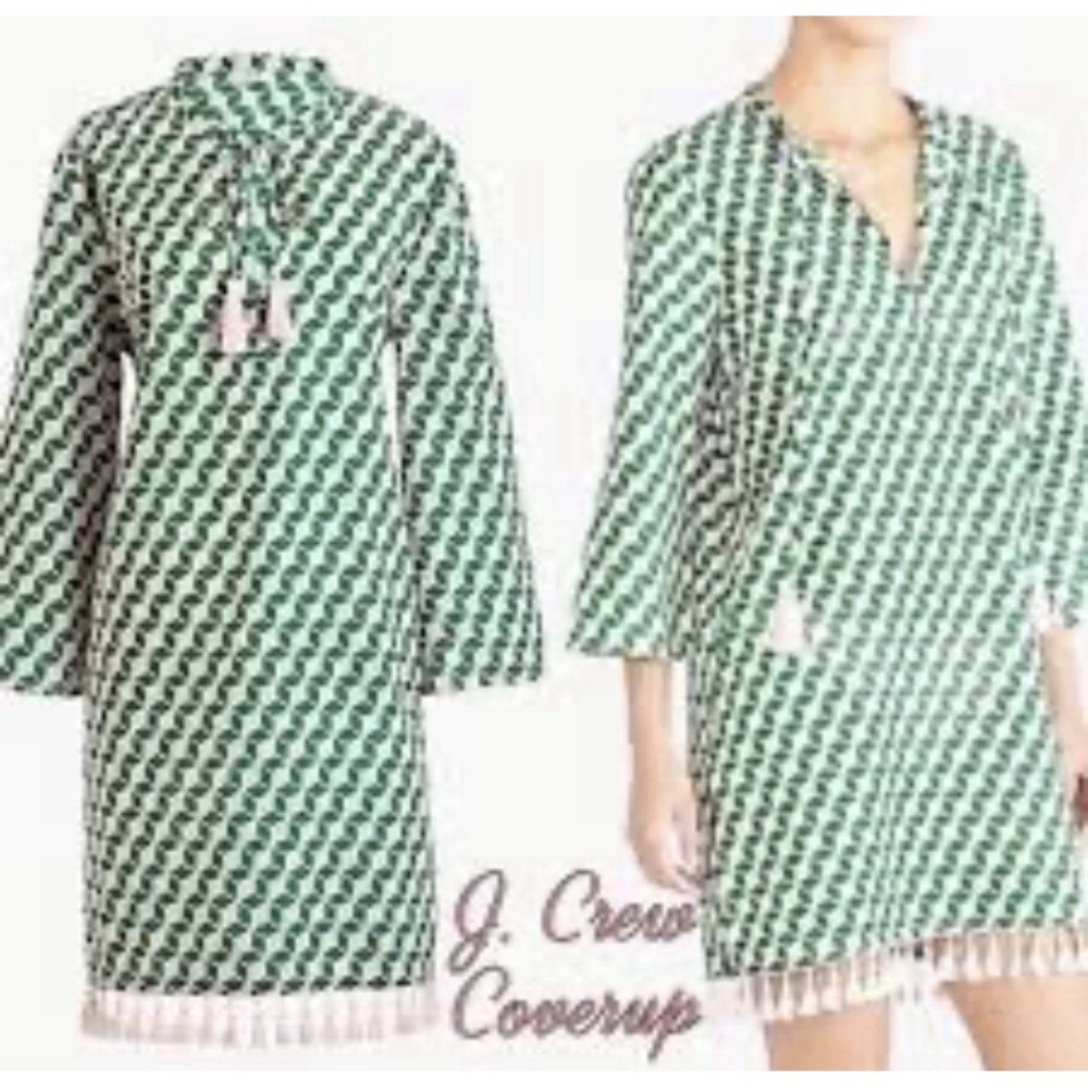 J. Crew Coverup Sz XXS Green Pink Tassels Beach Coastal Swim Resort Preppy Vacay